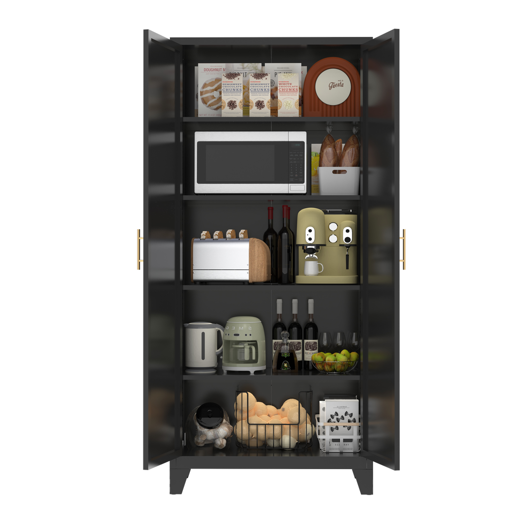 Uiowio 71" Height Metal Storage Cabinet, Modern Tall Steel Pantry Cupboard with 2 Shapely Doors and Adjustable Shelves for Kitchen Garage and Home,Black