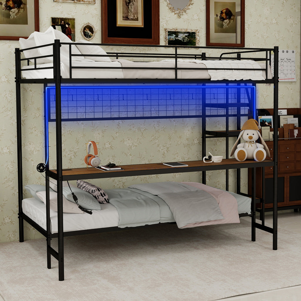 Uiowio Twin Over Full Metal Bunk Bed with Built-In Desk & LED Lighting, Space-Saving Bunk Bed Frame with Stairs & Storage, for Teens & Adults, Black