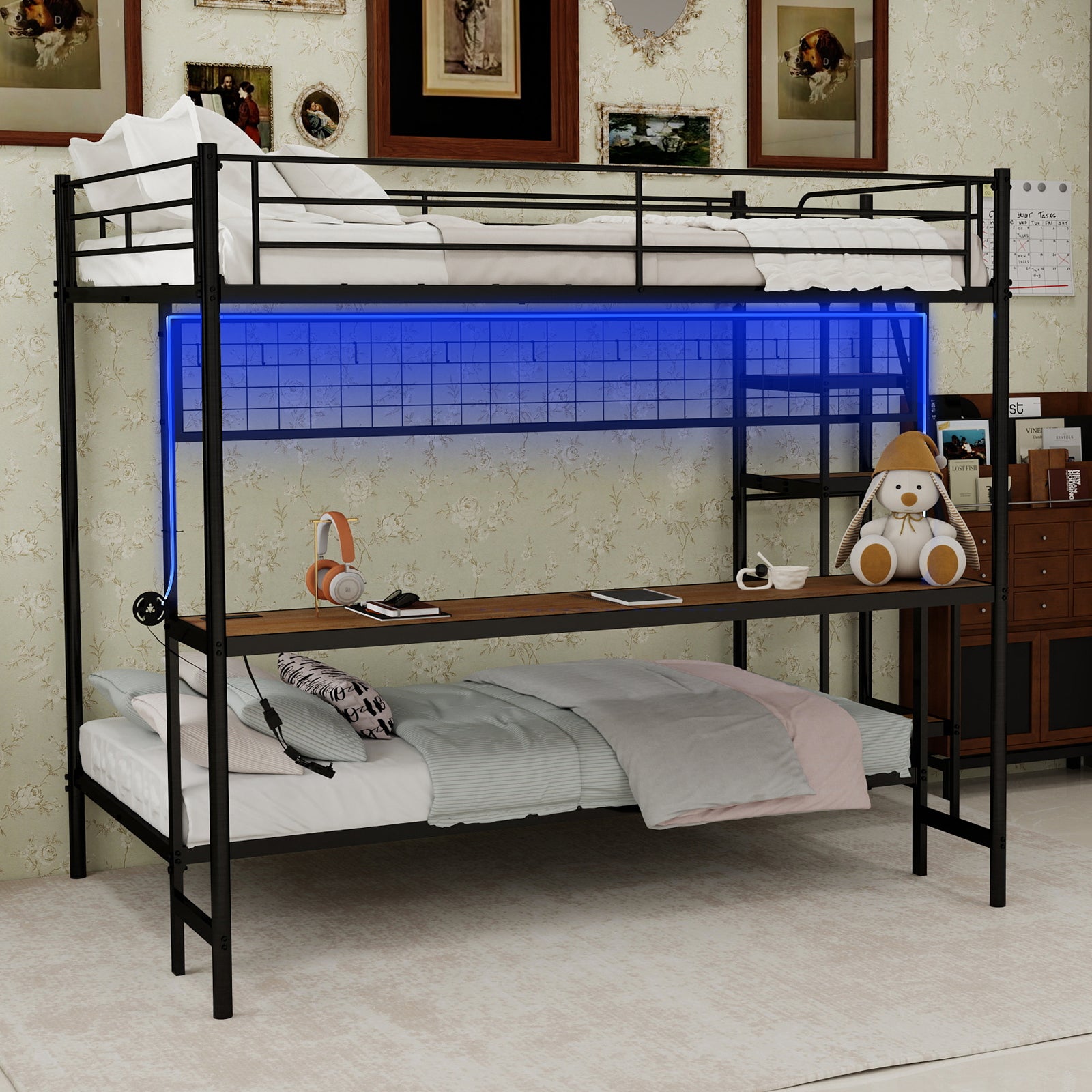 Uiowio Twin Over Full Metal Bunk Bed with Built-In Desk & LED Lighting, Space-Saving Bunk Bed Frame with Stairs & Storage, for Teens & Adults, Black