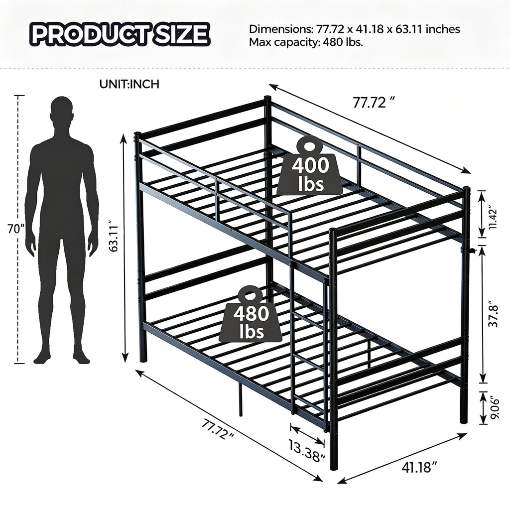 Kdymod Twin over Twin Metal Bunk Bed with Convertible 2-in-1 Design, Metal Bunk Bed Frame with Ladder & Safety Guardrail, Space-Saving for Teens and Adults, Black