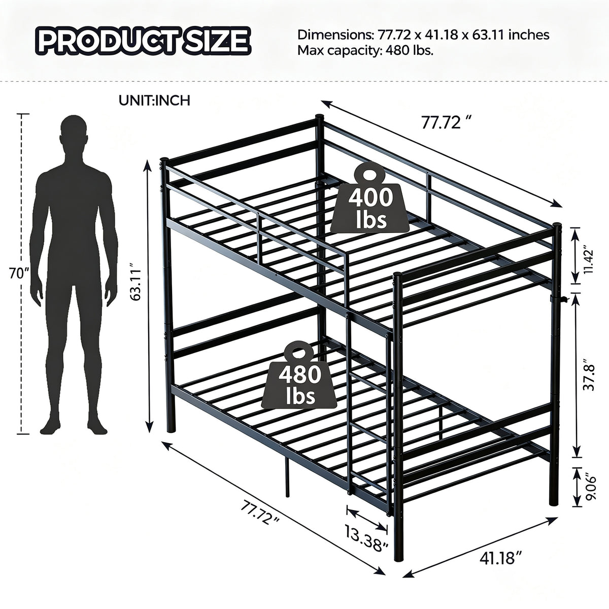 Kdymod Twin over Twin Metal Bunk Bed with Convertible 2-in-1 Design, Metal Bunk Bed Frame with Ladder & Safety Guardrail, Space-Saving for Teens and Adults, Black