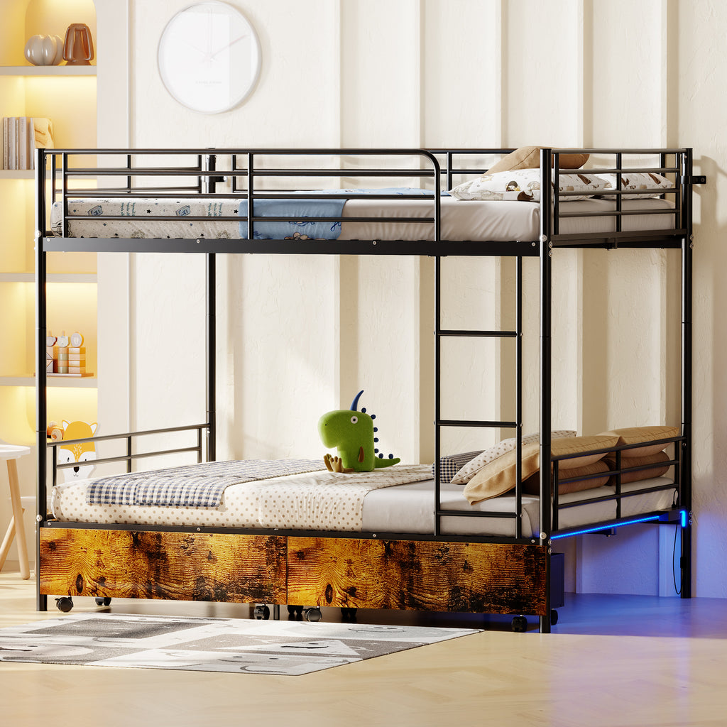 Kdymod Full over Full Metal Bunk Bed with Storage Drawers, Heavy Duty Bed Frame Converts to 2 Separate Beds with Safety Guardrail & Built-in Ladder, LED Lights & Charging Station, Black