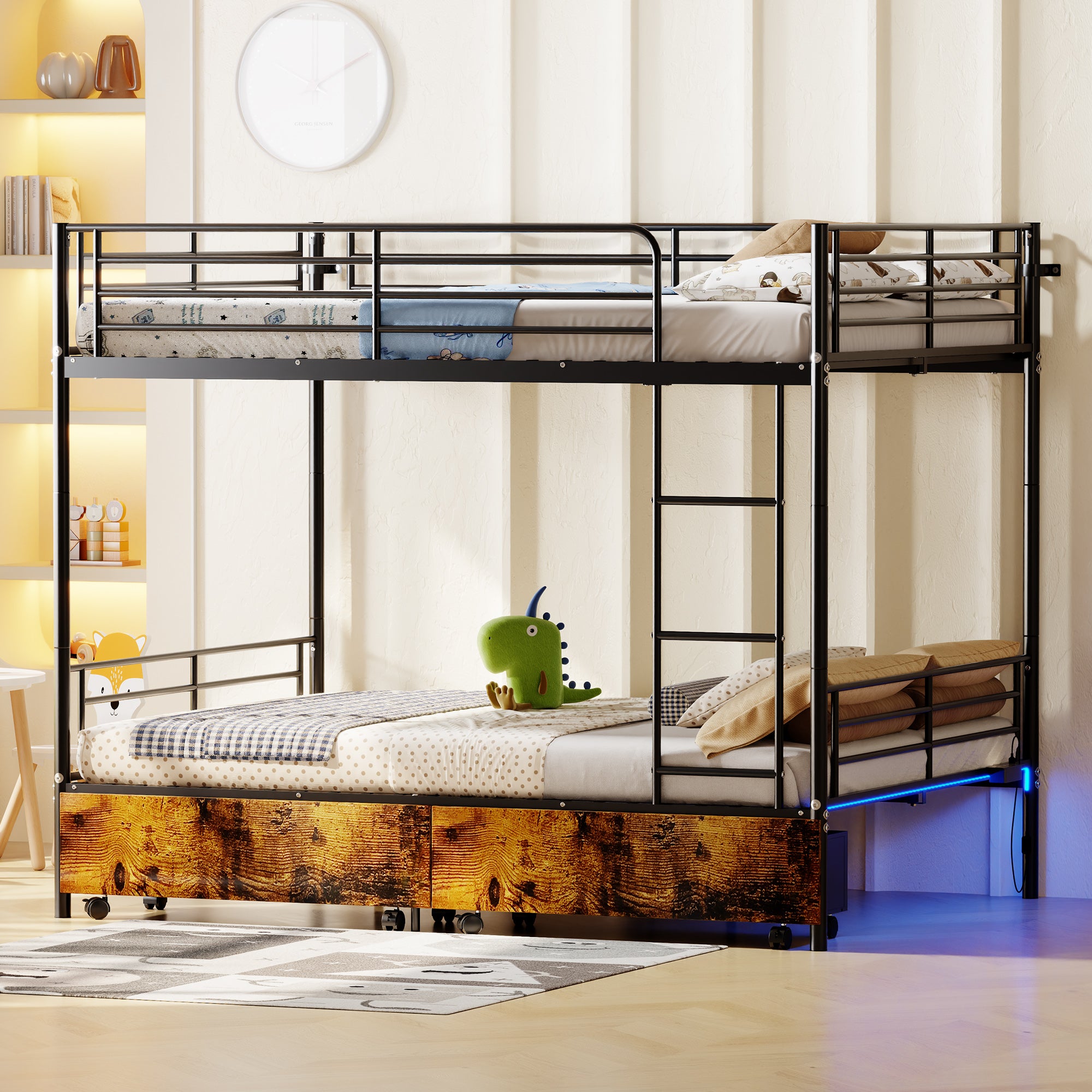 Kdymod Full over Full Metal Bunk Bed with Storage Drawers, Heavy Duty Bed Frame Converts to 2 Separate Beds with Safety Guardrail & Built-in Ladder, LED Lights & Charging Station, Black