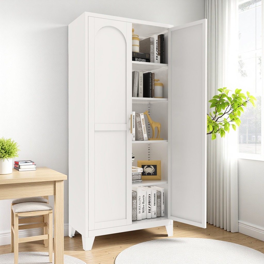 Uiowio 71" Height Metal Storage Cabinet, Modern Tall Steel Pantry Cupboard with 2 Shapely Doors and Adjustable Shelves for Kitchen Garage and Home, White