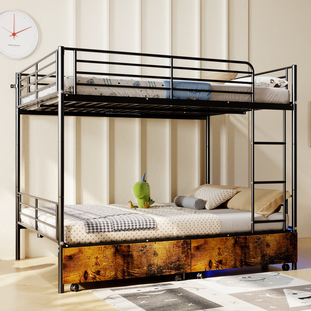 Kdymod Full over Full Metal Bunk Bed with Storage Drawers, Heavy Duty Bed Frame Converts to 2 Separate Beds with Safety Guardrail & Built-in Ladder, LED Lights & Charging Station, Black
