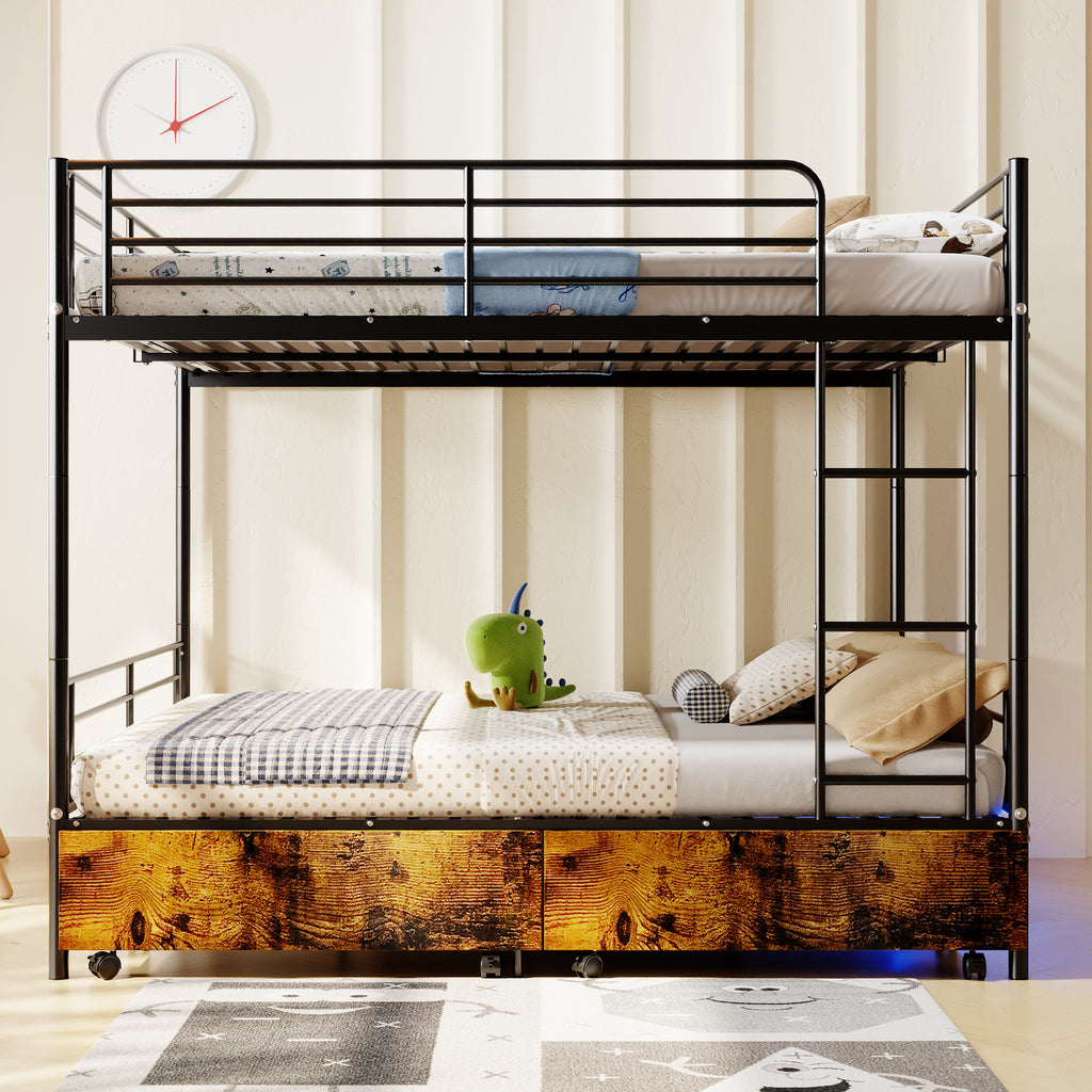 Kdymod Full over Full Metal Bunk Bed with Storage Drawers, Heavy Duty Bed Frame Converts to 2 Separate Beds with Safety Guardrail & Built-in Ladder, LED Lights & Charging Station, Black
