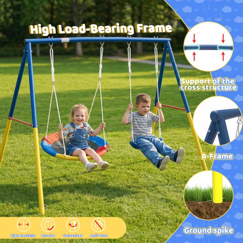 Kdymod Heavy Duty 440lbs Double Swing Set with Stand, Metal A-Frame Swing Set for Backyard, Includes 32" Saucer Disc & 26.2" Belt Seat, Outdoor Playset for Playground