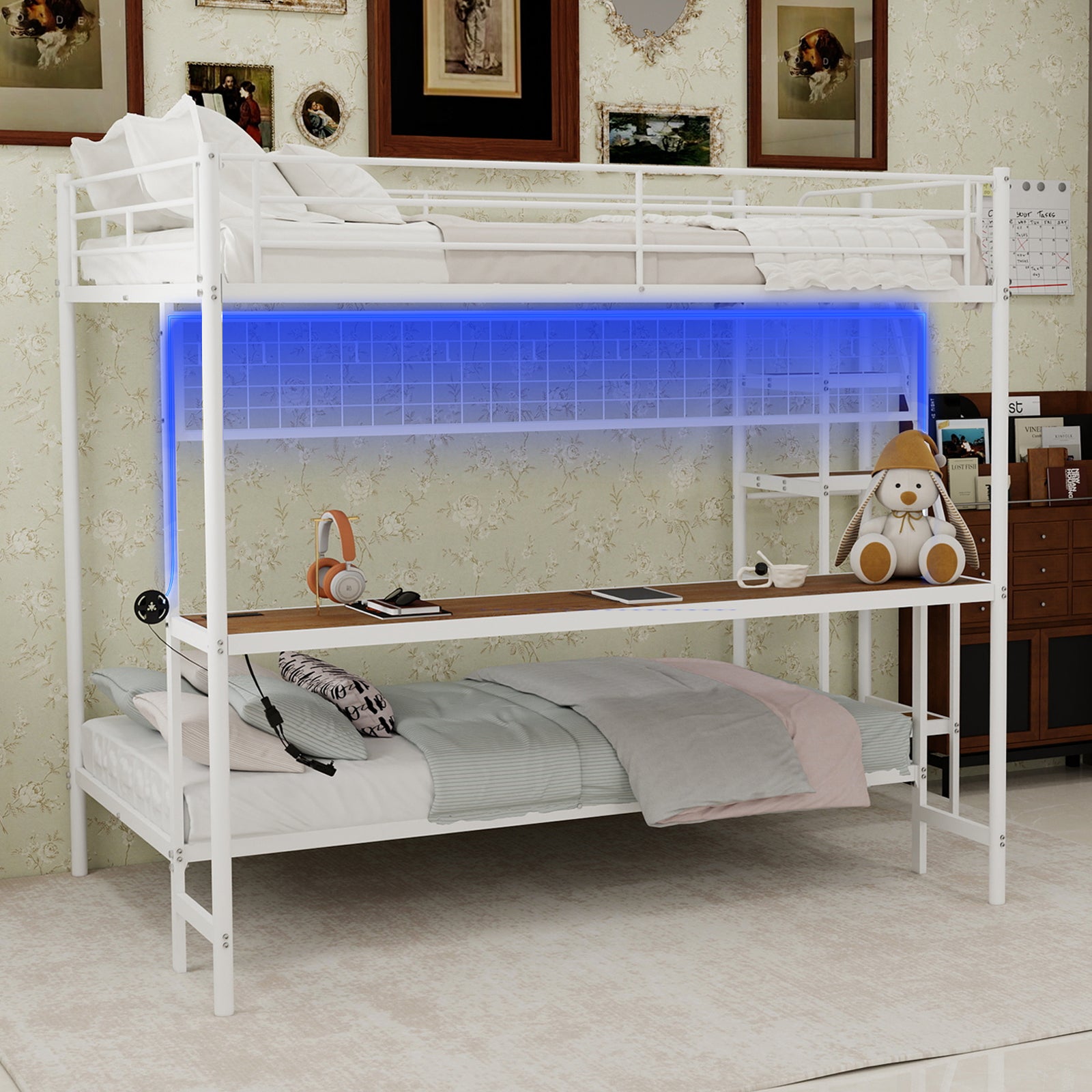 Uiowio Twin Over Full Metal Bunk Bed with Built-In Desk & LED Lighting, Space-Saving Bunk Bed Frame with Stairs & Storage, for Teens & Adults, White