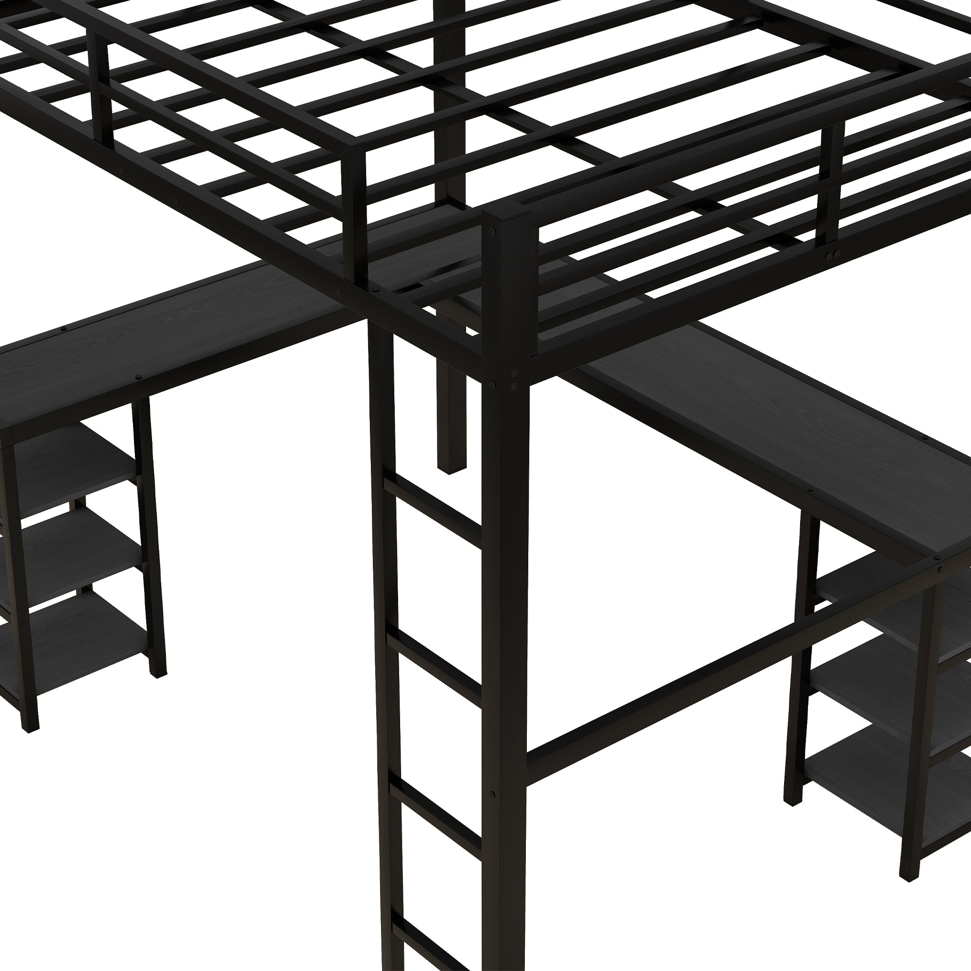 Uiowio Full Metal Loft Bed with L-Shaped Desk Underneath & 6 Shelves & Storage, Space-Saving Bed Frame with Built-in Ladder & Safety Guardrail, for Teens
