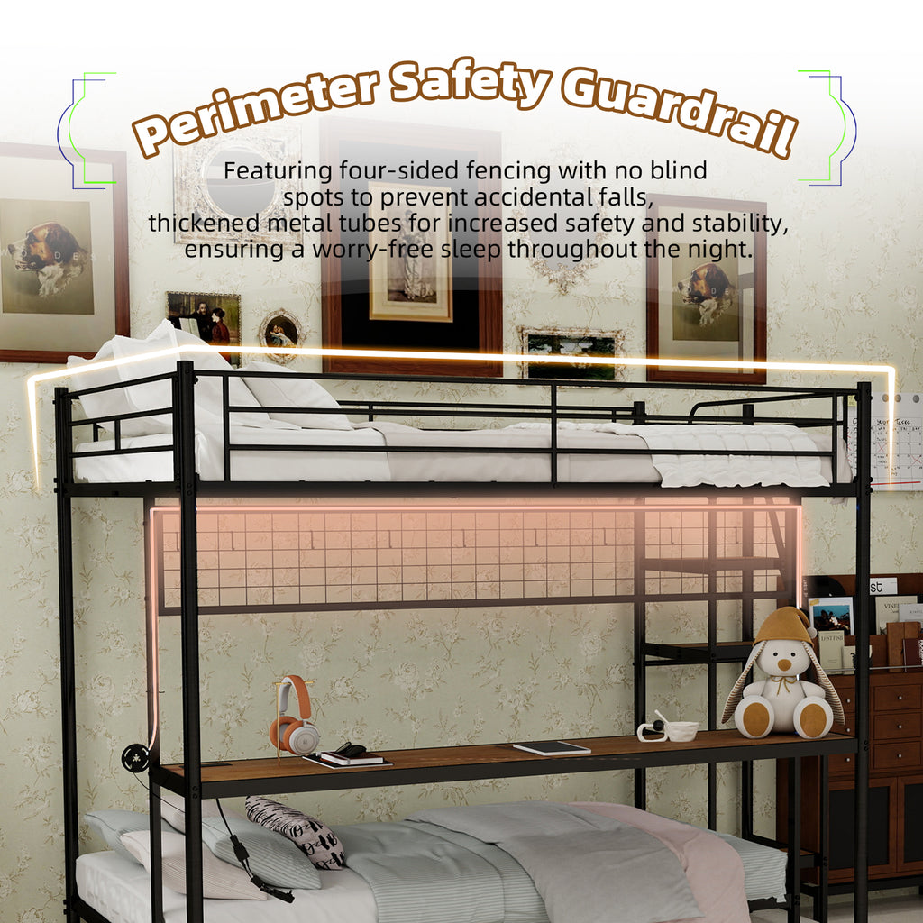 Uiowio Twin Over Full Metal Bunk Bed with Built-In Desk & LED Lighting, Space-Saving Bunk Bed Frame with Stairs & Storage, for Teens & Adults, Black