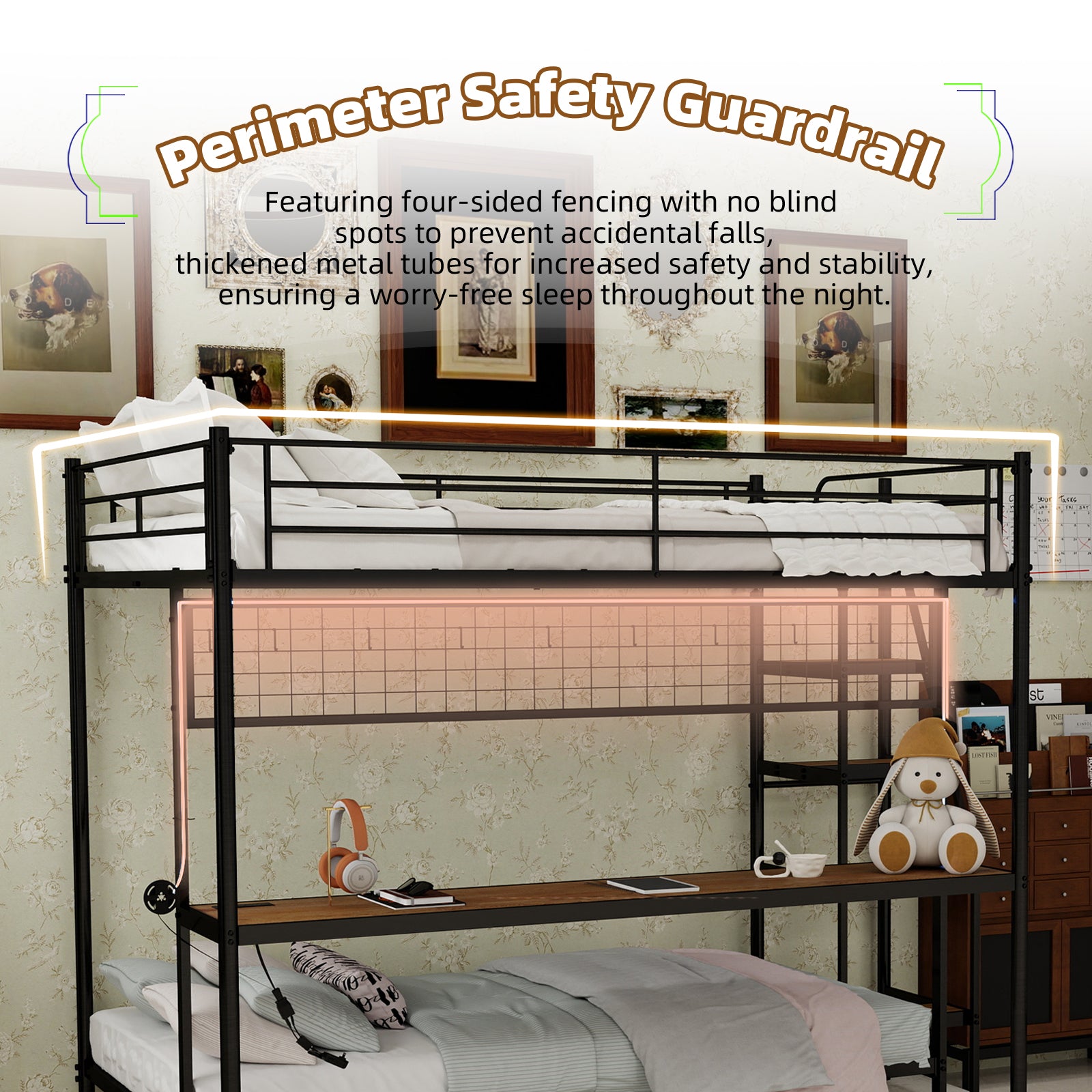 Uiowio Twin Over Full Metal Bunk Bed with Built-In Desk & LED Lighting, Space-Saving Bunk Bed Frame with Stairs & Storage, for Teens & Adults, Black