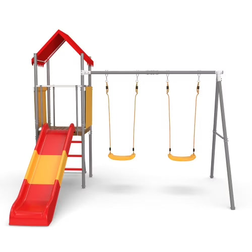 Kdymod Swing Sets for Backyard, Heavy Duty Outdoor Playset with Slide, 2 Swing Seats, Canopy Roof & Flat-Step Ladder, Kids Playground Set for Ages 3-8