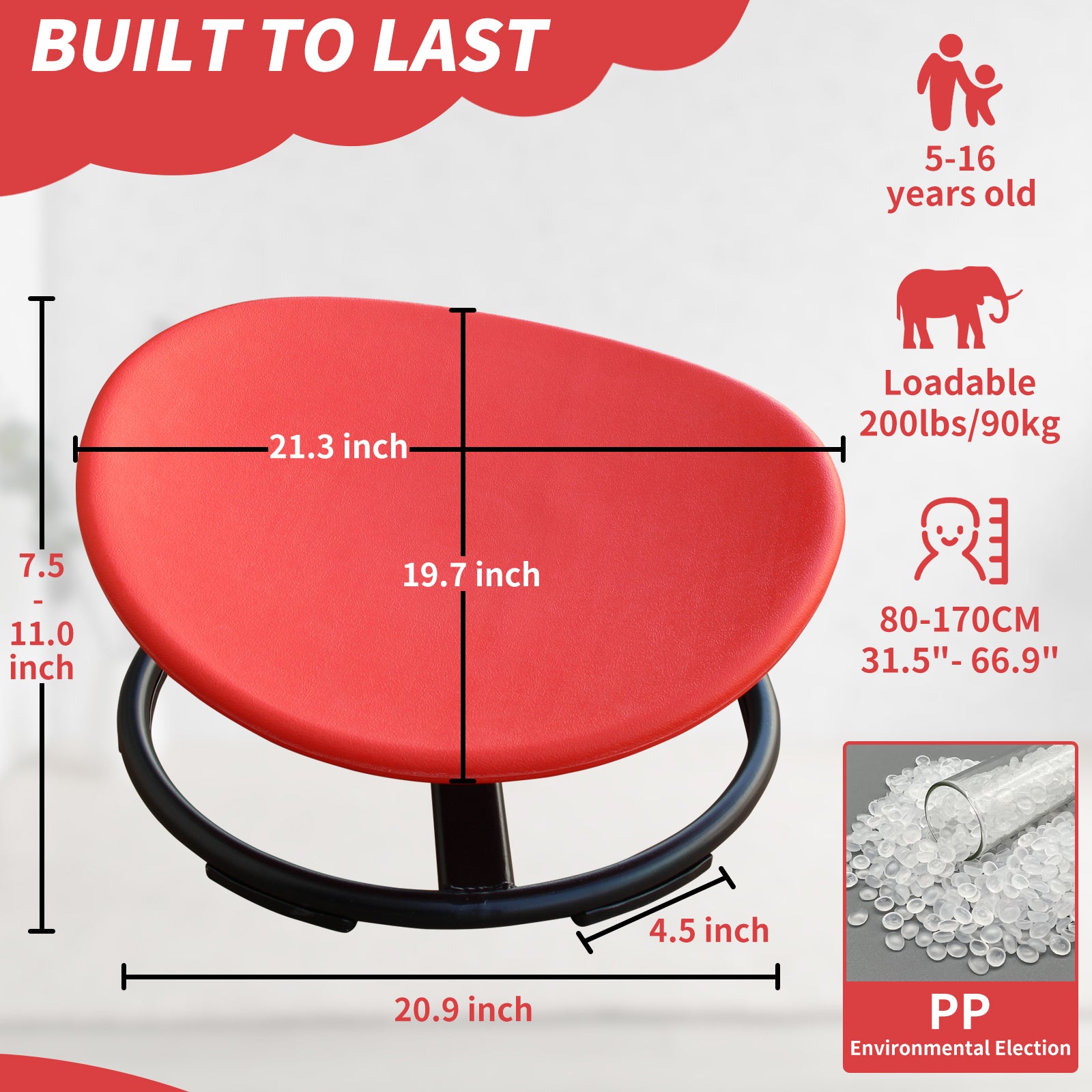 Cirui Sensory Spinning Chair, 360° Swivel Seat for Kids, Balance Training with Non-Slip Metal Base, Red