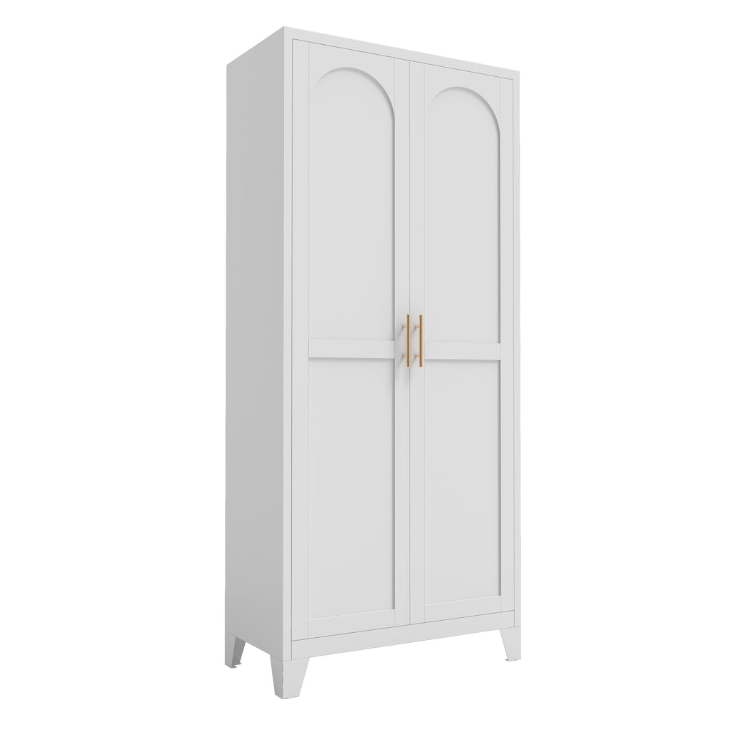 Uiowio 71" Height Metal Storage Cabinet, Modern Tall Steel Pantry Cupboard with 2 Shapely Doors and Adjustable Shelves for Kitchen Garage and Home, White