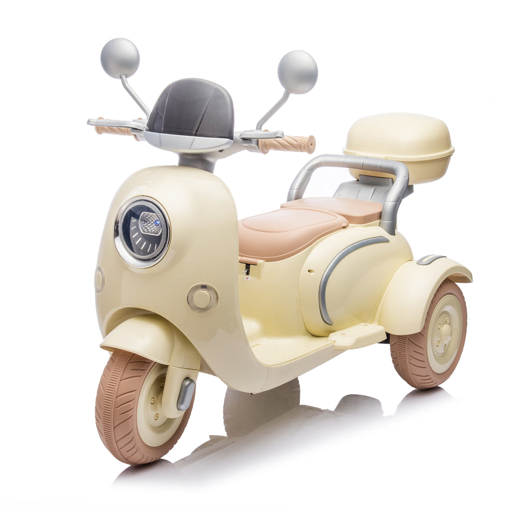Cirui 2 Seater 12V Kids Motorcycle,3 Wheel Ride Dual Motorcycle,Toy 12V Electric Motorcycle with Front LED Light/USB/Storage Box,Beige