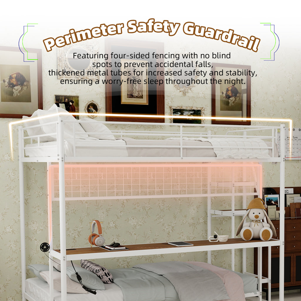 Uiowio Twin Over Full Metal Bunk Bed with Built-In Desk & LED Lighting, Space-Saving Bunk Bed Frame with Stairs & Storage, for Teens & Adults, White
