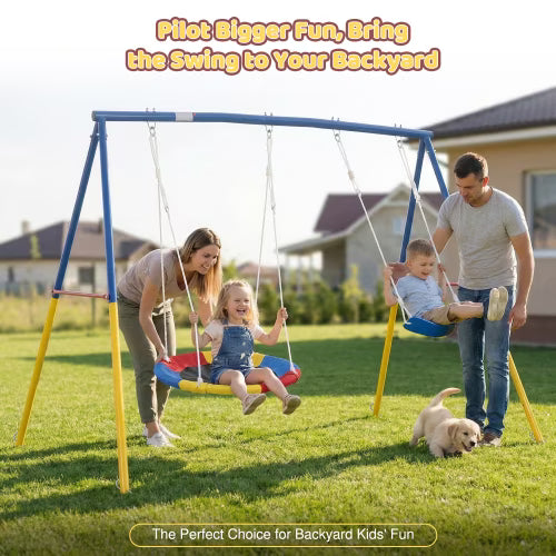 Kdymod Heavy Duty 440lbs Double Swing Set with Stand, Metal A-Frame Swing Set for Backyard, Includes 32" Saucer Disc & 26.2" Belt Seat, Outdoor Playset for Playground