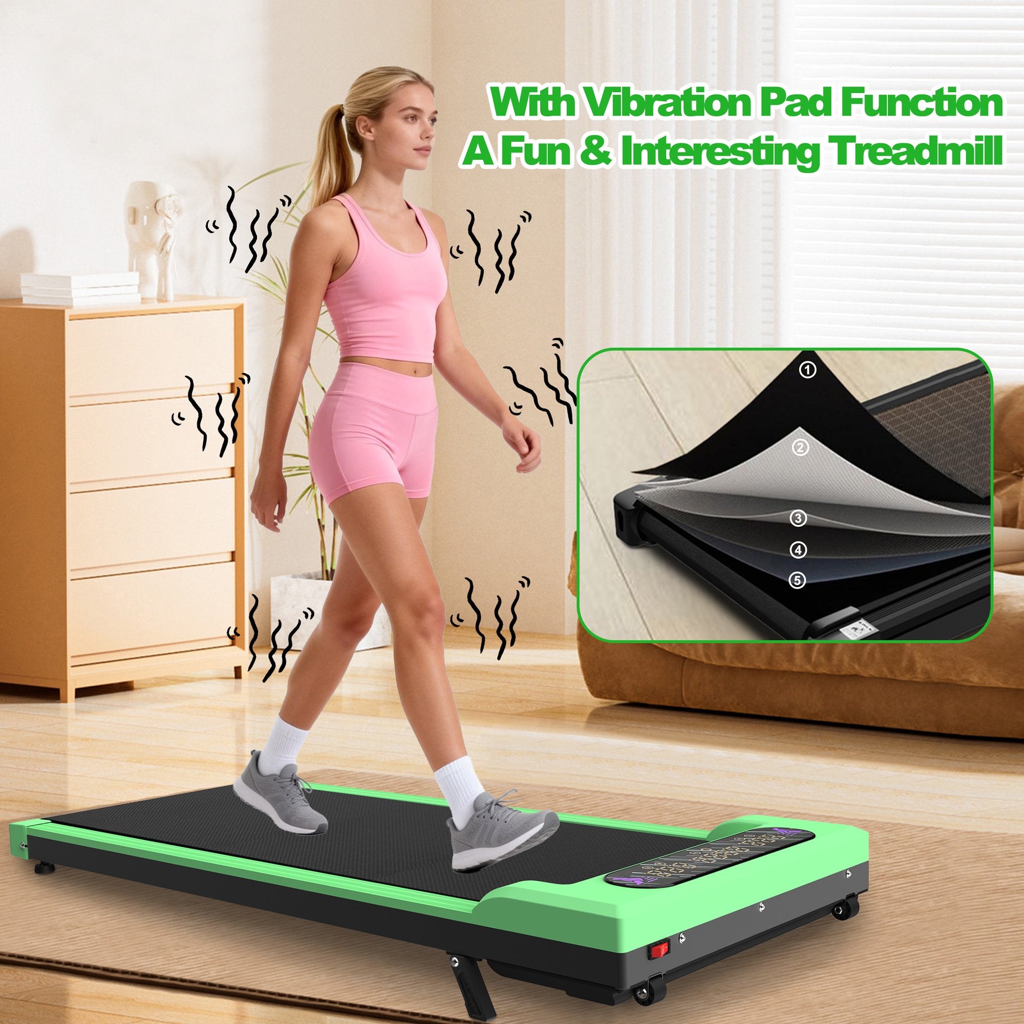 Kdymod Foldable Treadmill with Vibration Function,2 in 1 Walking Treadmill with Handle Bar & Incline,Under Desk Walking Pad with LED Display & Remote,300 Lbs Capacity,Green
