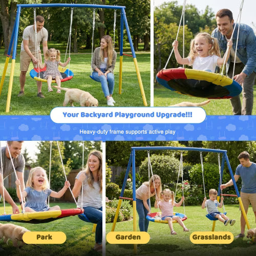 Kdymod Heavy Duty 440lbs Double Swing Set with Stand, Metal A-Frame Swing Set for Backyard, Includes 32" Saucer Disc & 26.2" Belt Seat, Outdoor Playset for Playground
