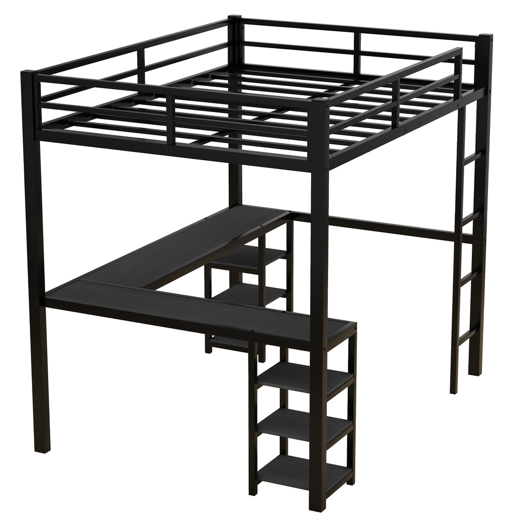 Uiowio Full Metal Loft Bed with L-Shaped Desk Underneath & 6 Shelves & Storage, Space-Saving Bed Frame with Built-in Ladder & Safety Guardrail, for Teens