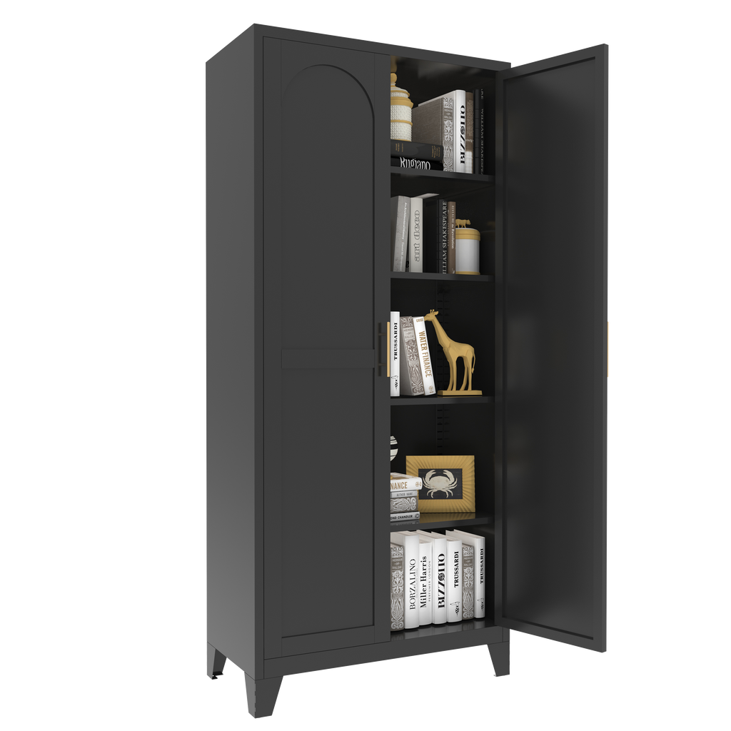 Uiowio 71" Height Metal Storage Cabinet, Modern Tall Steel Pantry Cupboard with 2 Shapely Doors and Adjustable Shelves for Kitchen Garage and Home,Black