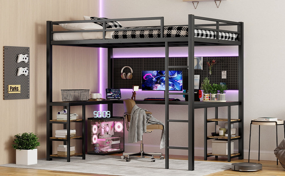 Uiowio Full XL Metal Loft Bed with L-Shaped Desk Underneath & 6 Shelves & Storage, Space-Saving Bed Frame with Built-in Ladder & Safety Guardrail, for Teens