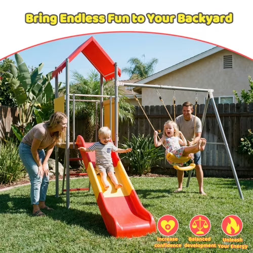 Kdymod Swing Sets for Backyard, Heavy Duty Outdoor Playset with Slide, 2 Swing Seats, Canopy Roof & Flat-Step Ladder, Kids Playground Set for Ages 3-8
