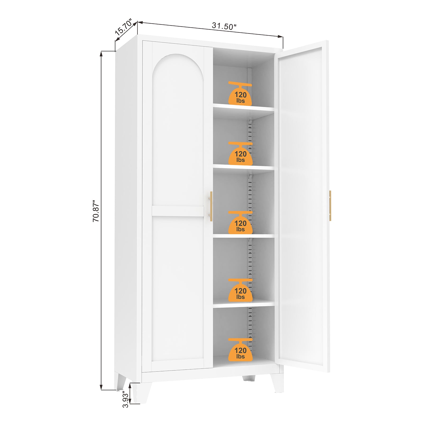 Uiowio 71" Height Metal Storage Cabinet, Modern Tall Steel Pantry Cupboard with 2 Shapely Doors and Adjustable Shelves for Kitchen Garage and Home, White