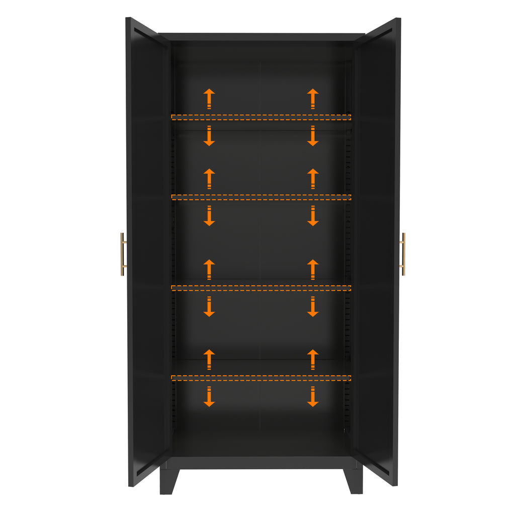 Uiowio 71" Height Metal Storage Cabinet, Modern Tall Steel Pantry Cupboard with 2 Shapely Doors and Adjustable Shelves for Kitchen Garage and Home,Black