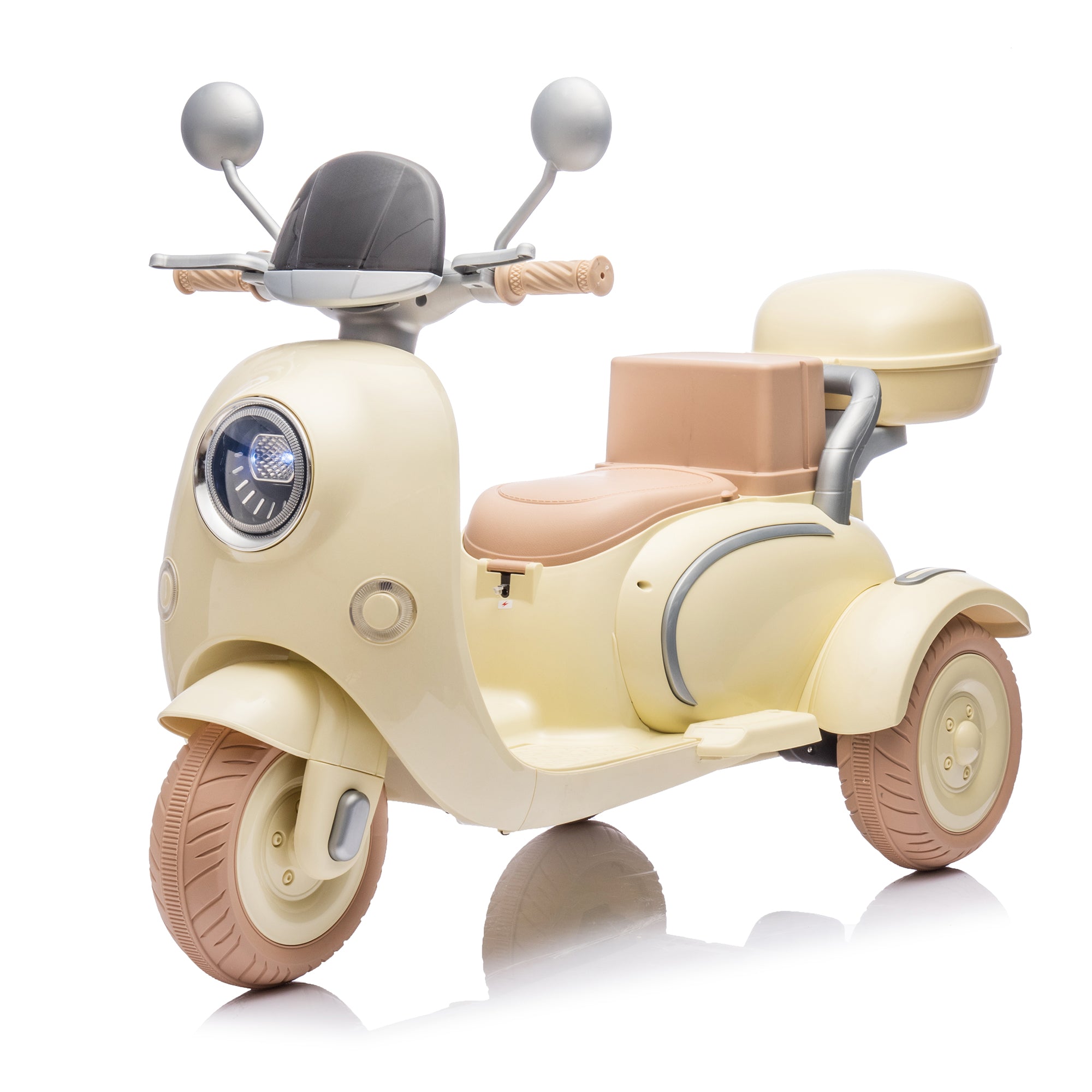 Cirui 2 Seater 12V Kids Motorcycle,3 Wheel Ride Dual Motorcycle,Toy 12V Electric Motorcycle with Front LED Light/USB/Storage Box,Beige