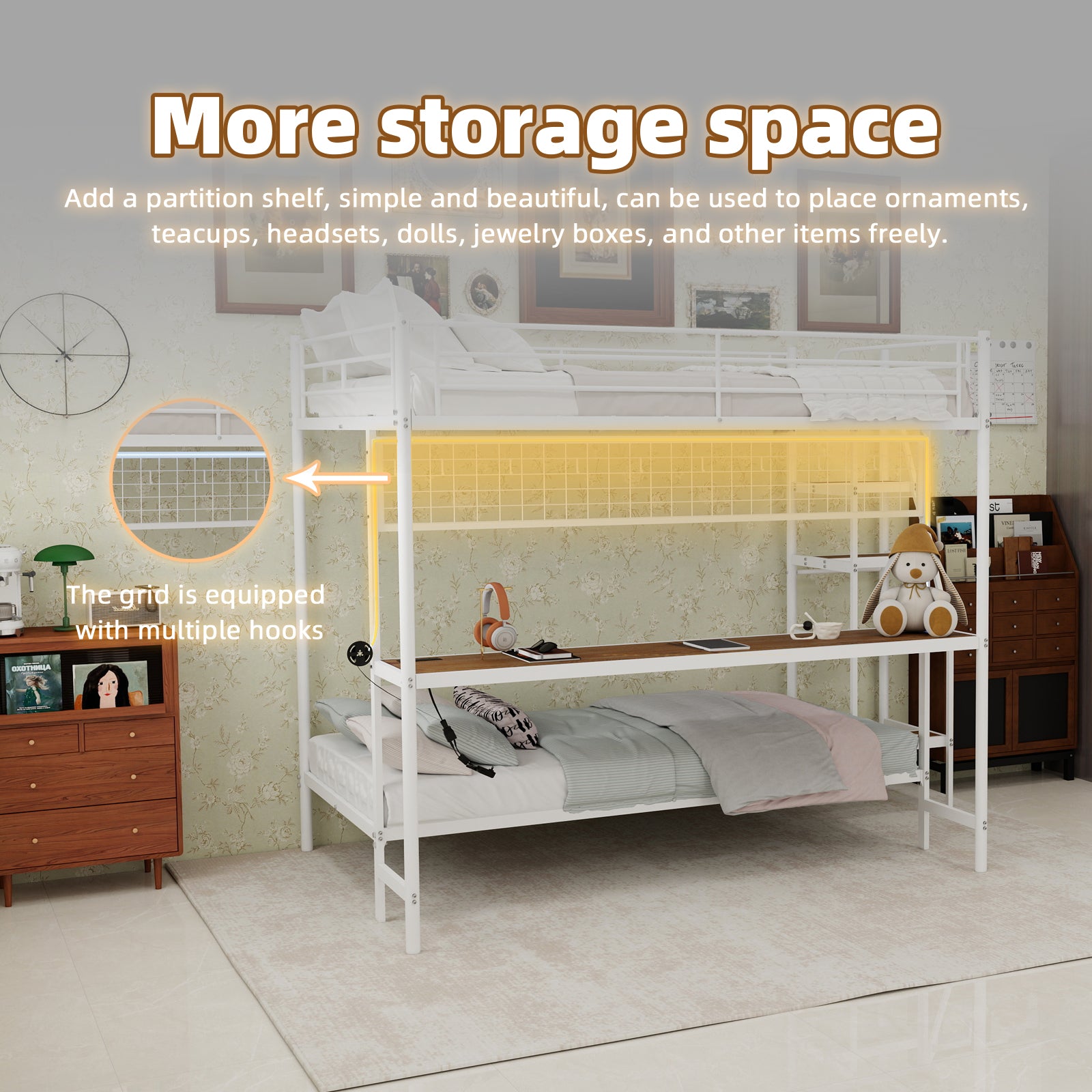 Uiowio Twin Over Full Metal Bunk Bed with Built-In Desk & LED Lighting, Space-Saving Bunk Bed Frame with Stairs & Storage, for Teens & Adults, White