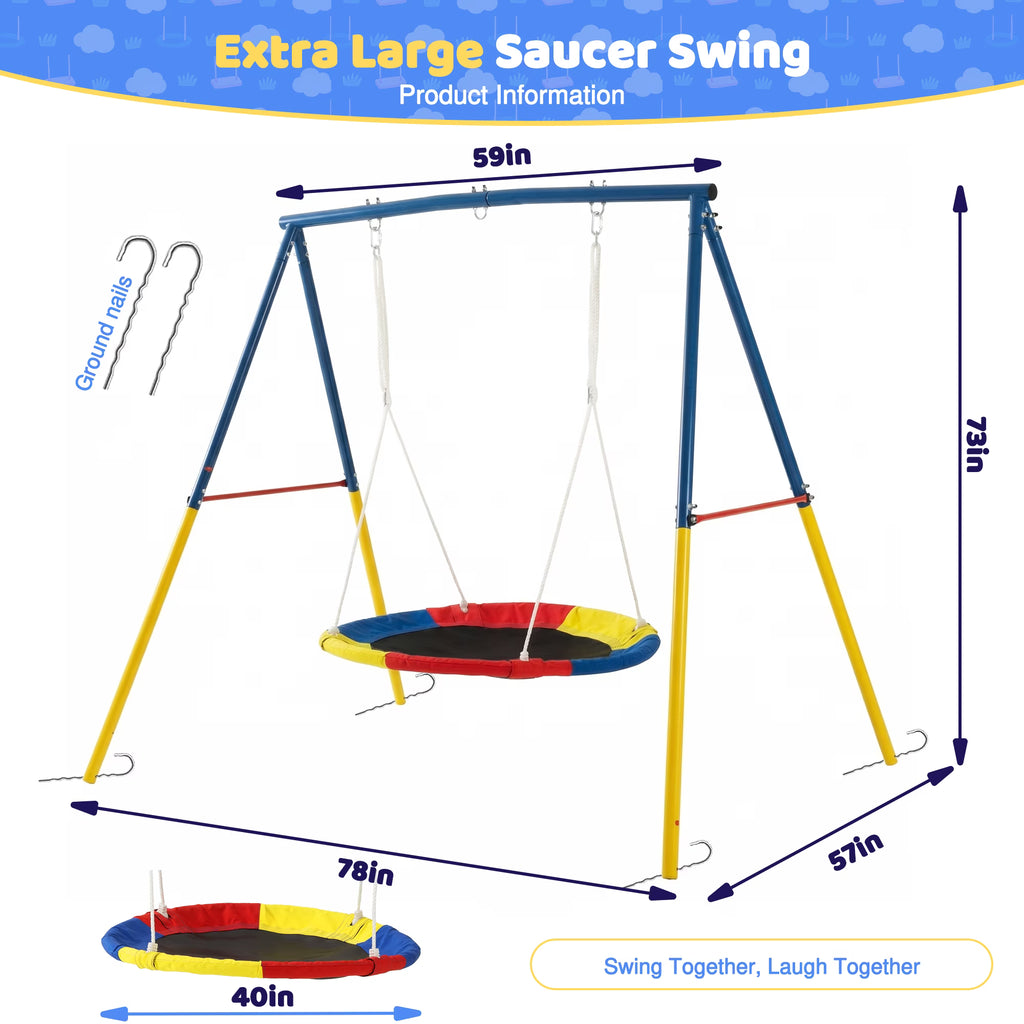 Kdymod 440lbs 40" Saucer Swing with Frame for Kids Outdoor, Heavy Duty Metal Swing Set with Adjustable Ropes & Ground Anchors, A-Frame Backyard Playset for Playground, Toddlers Ages 3+, Blue