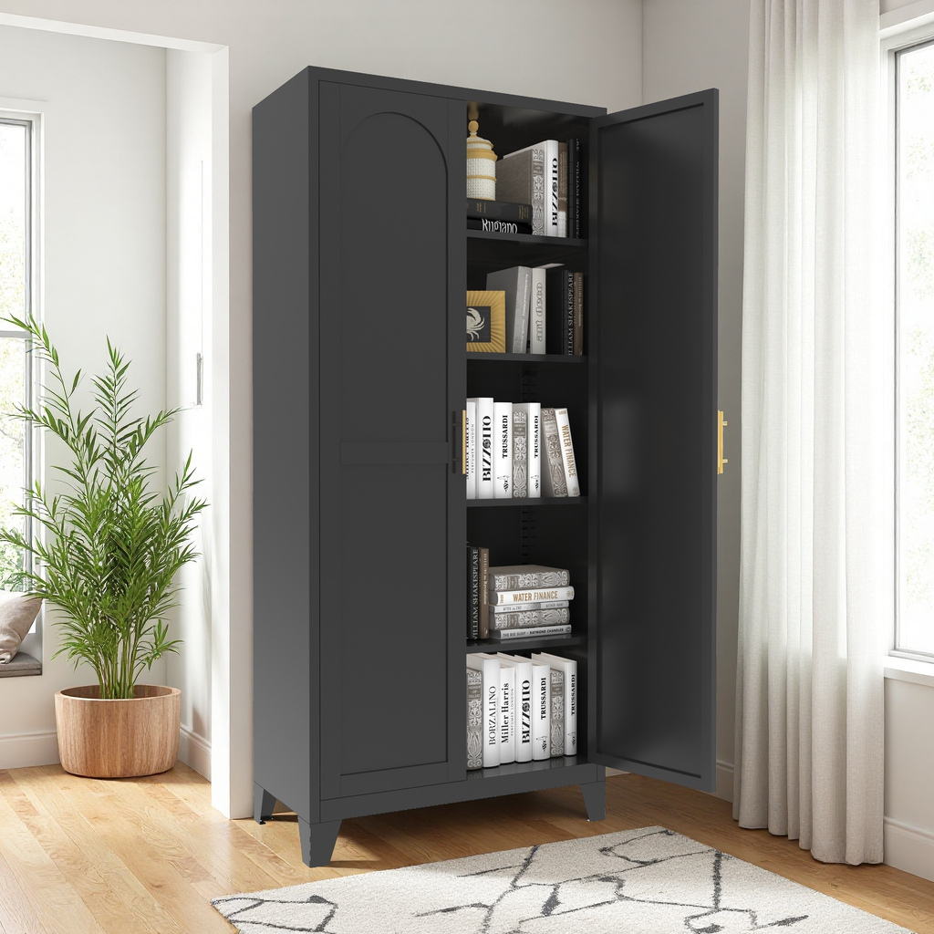 Uiowio 71" Height Metal Storage Cabinet, Modern Tall Steel Pantry Cupboard with 2 Shapely Doors and Adjustable Shelves for Kitchen Garage and Home,Black