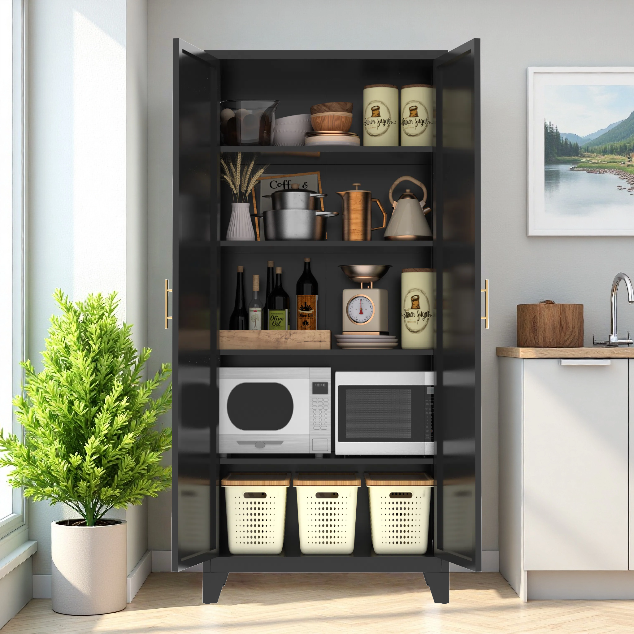 Uiowio 71" Height Metal Storage Cabinet, Modern Tall Steel Pantry Cupboard with 2 Shapely Doors and Adjustable Shelves for Kitchen Garage and Home,Black