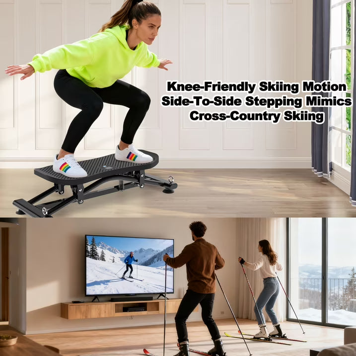 Kdymod Sliding Ski Simulator with Resistance Bands, Indoor Skiing Fitness Equipment for Home Gym, Non-Slip Base & Full-Body Cardio Training Machine for Core, Leg & Arm Workout, Black