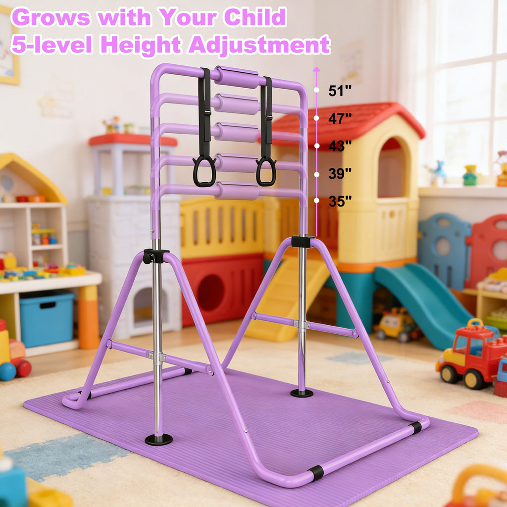 Kdymod Gymnastics Bar for Kid,Adjustable Height Kids Gymnastics Bar with Mat,Foldable Horizontal Junior Gymnastics Equipment Bar for Home Gym,Purple