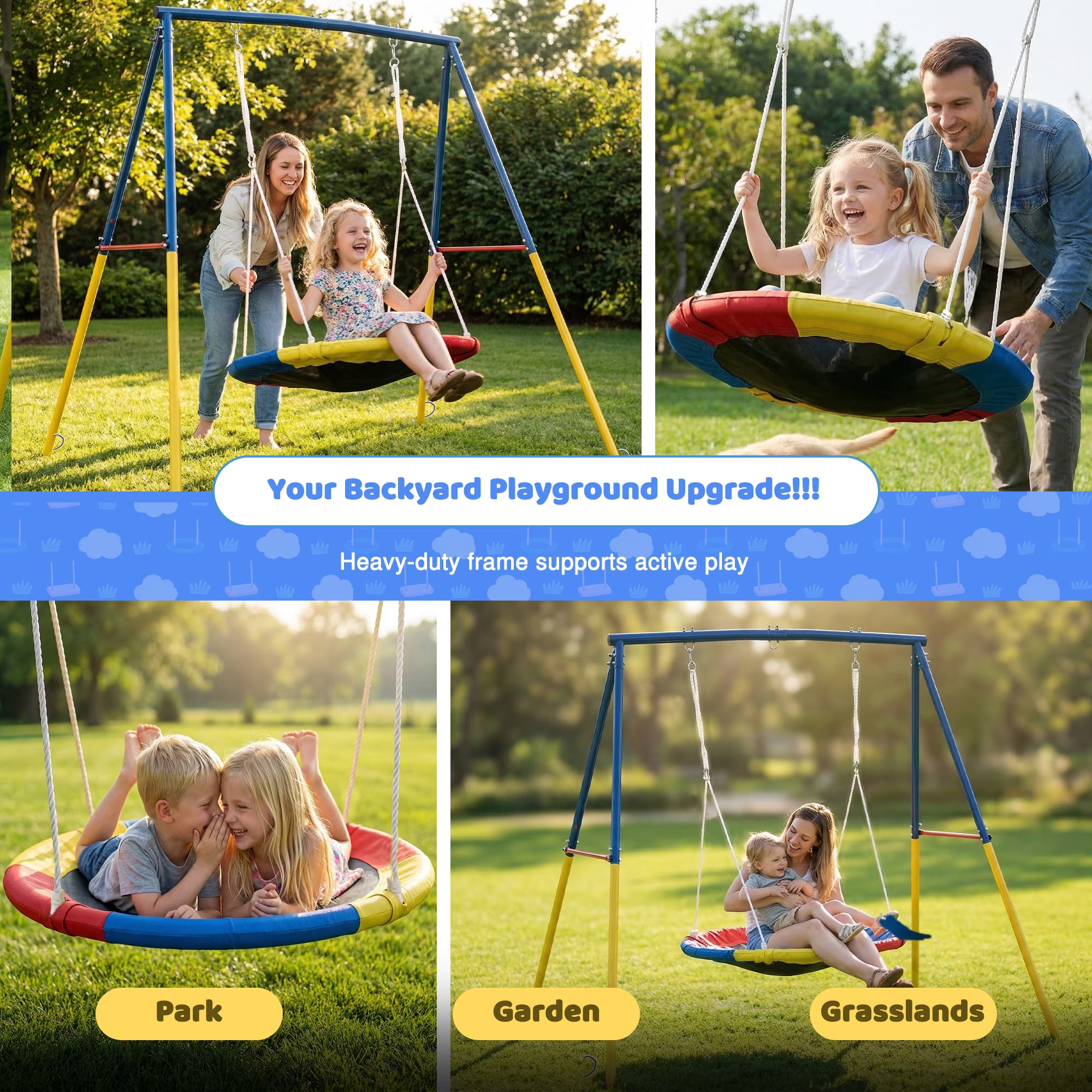 Kdymod 440lbs 40" Saucer Swing with Frame for Kids Outdoor, Heavy Duty Metal Swing Set with Adjustable Ropes & Ground Anchors, A-Frame Backyard Playset for Playground, Toddlers Ages 3+, Blue