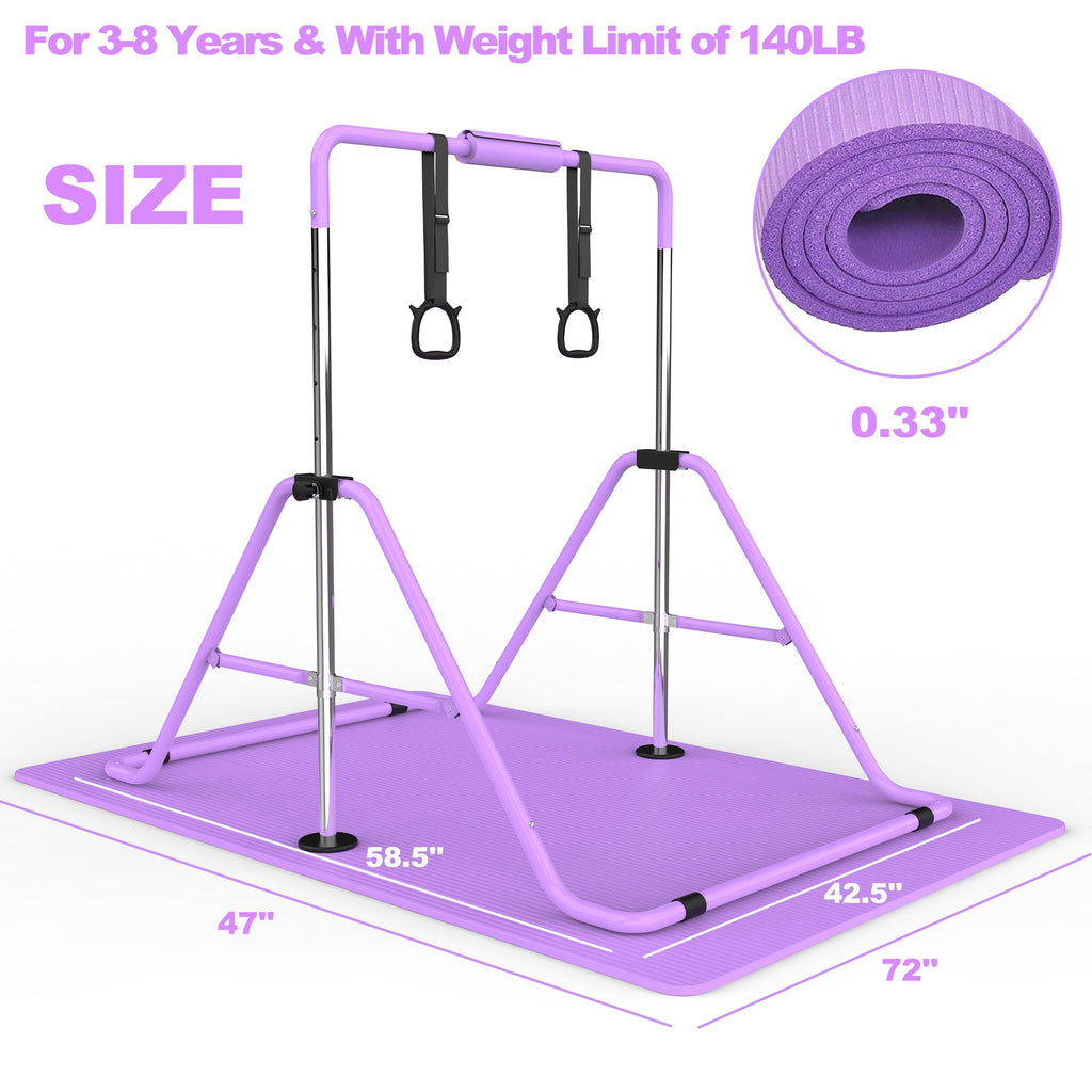 Kdymod Gymnastics Bar for Kid,Adjustable Height Kids Gymnastics Bar with Mat,Foldable Horizontal Junior Gymnastics Equipment Bar for Home Gym,Purple