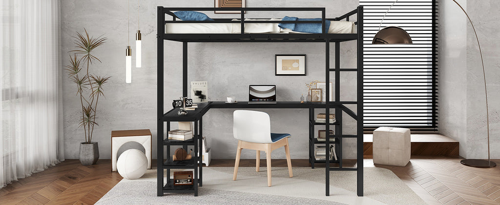 Uiowio Full Metal Loft Bed with L-Shaped Desk Underneath & 6 Shelves & Storage, Space-Saving Bed Frame with Built-in Ladder & Safety Guardrail, for Teens