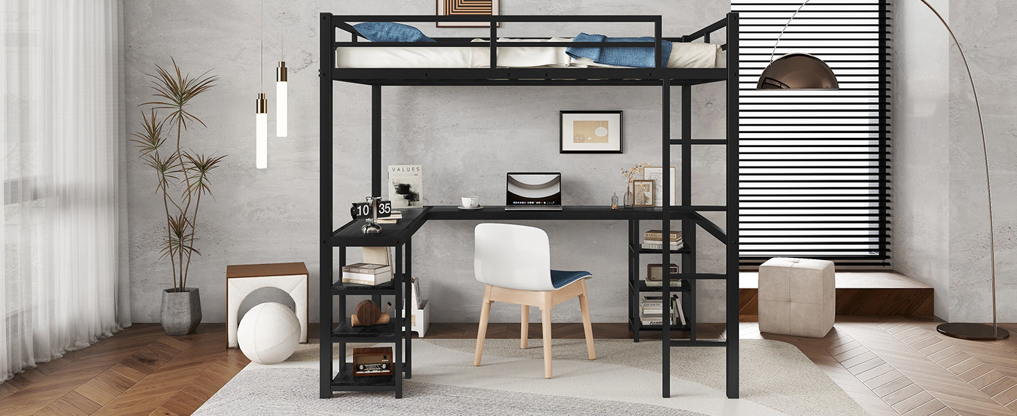 Uiowio Full Metal Loft Bed with L-Shaped Desk Underneath & 6 Shelves & Storage, Space-Saving Bed Frame with Built-in Ladder & Safety Guardrail, for Teens