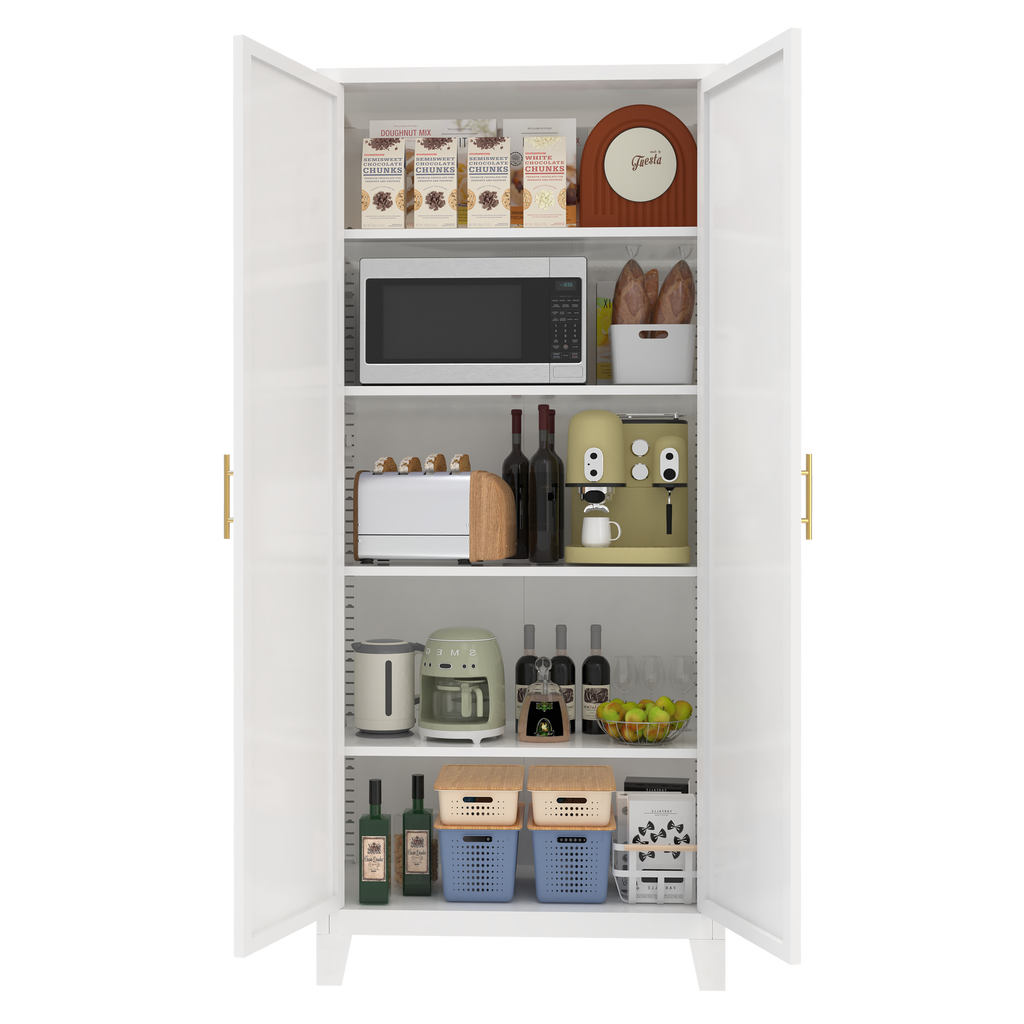 Uiowio 71" Height Metal Storage Cabinet, Modern Tall Steel Pantry Cupboard with 2 Shapely Doors and Adjustable Shelves for Kitchen Garage and Home, White