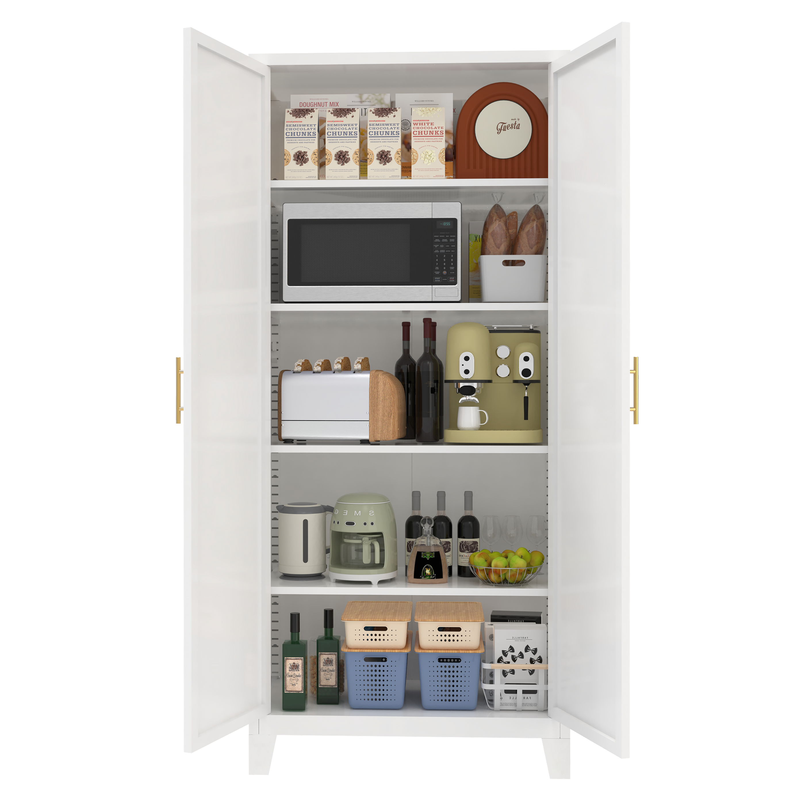 Uiowio 71" Height Metal Storage Cabinet, Modern Tall Steel Pantry Cupboard with 2 Shapely Doors and Adjustable Shelves for Kitchen Garage and Home, White