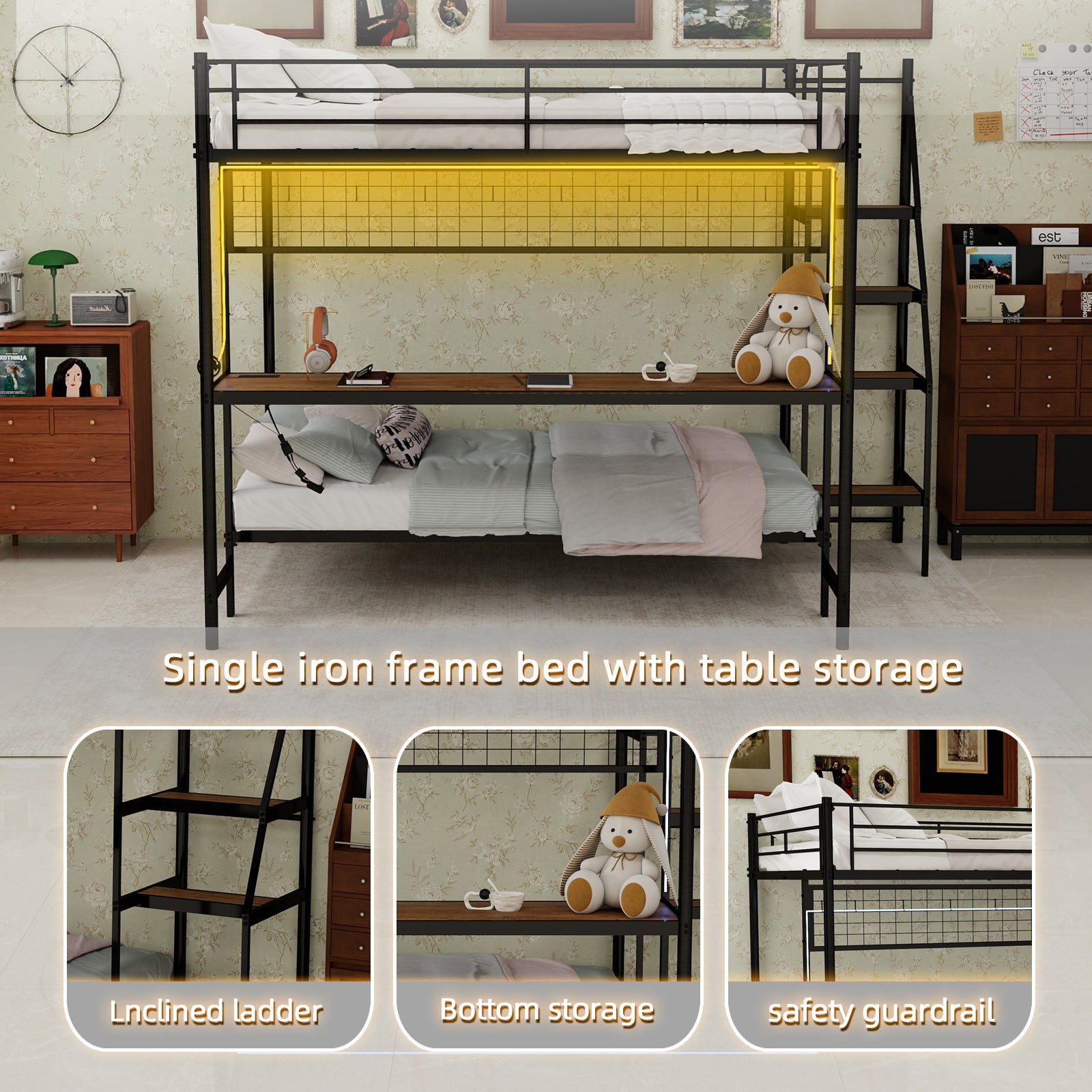 Uiowio Twin Over Full Metal Bunk Bed with Built-In Desk & LED Lighting, Space-Saving Bunk Bed Frame with Stairs & Storage, for Teens & Adults, Black