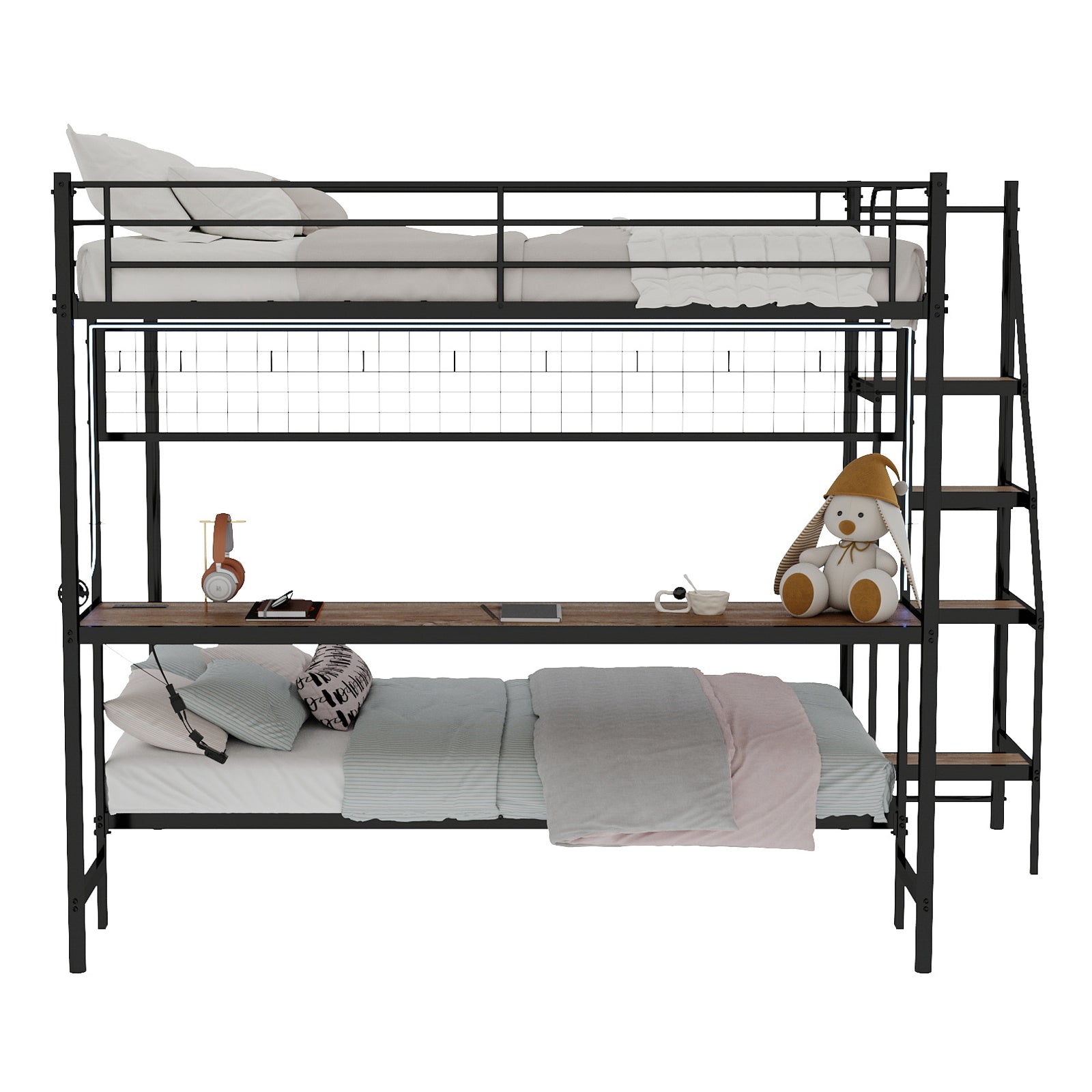 Uiowio Twin Over Full Metal Bunk Bed with Built-In Desk & LED Lighting, Space-Saving Bunk Bed Frame with Stairs & Storage, for Teens & Adults, Black