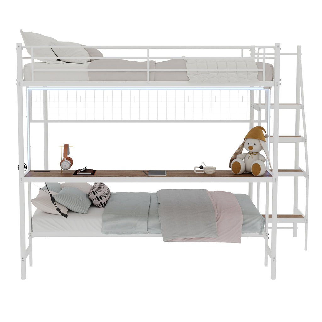 Uiowio Twin Over Full Metal Bunk Bed with Built-In Desk & LED Lighting, Space-Saving Bunk Bed Frame with Stairs & Storage, for Teens & Adults, White