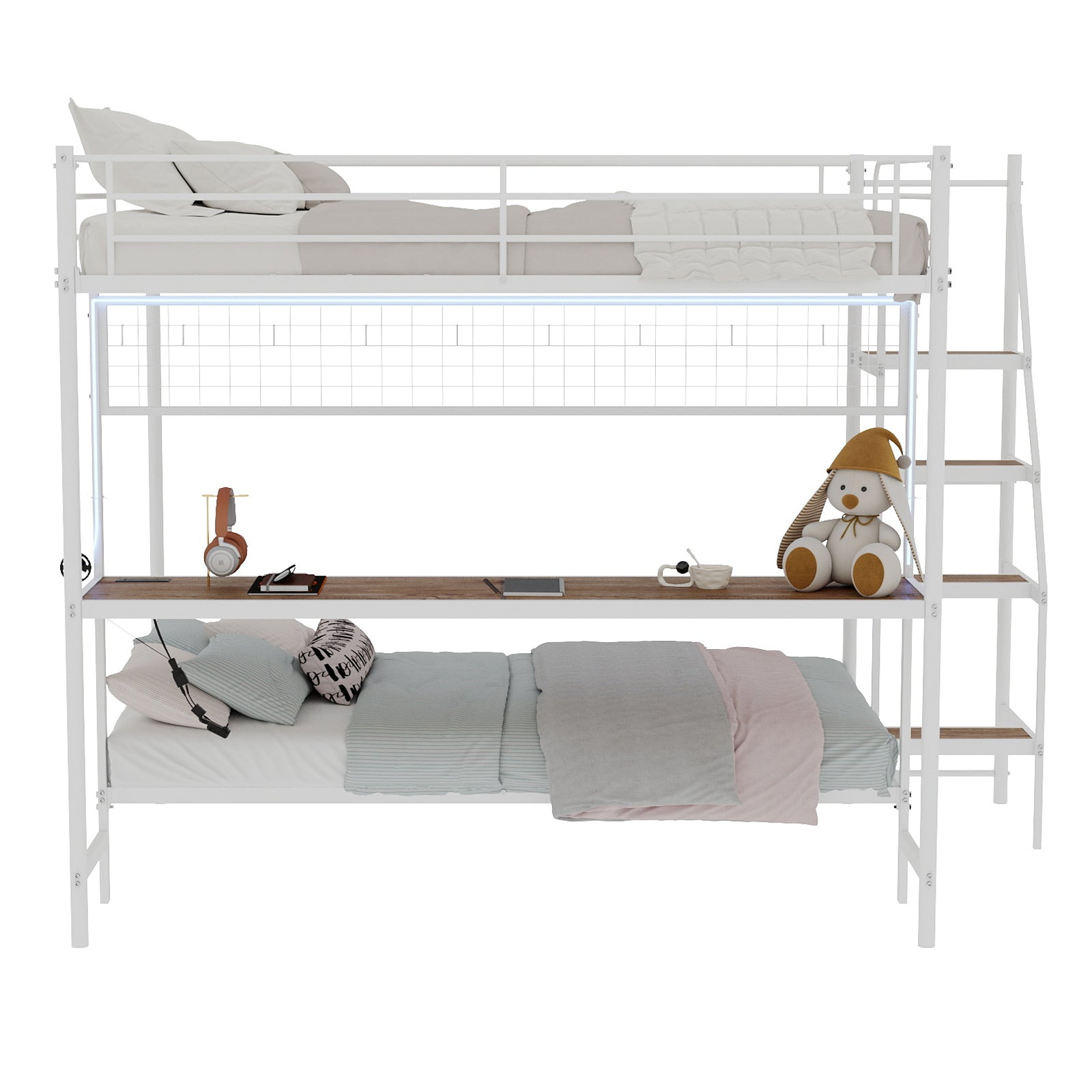 Uiowio Twin Over Full Metal Bunk Bed with Built-In Desk & LED Lighting, Space-Saving Bunk Bed Frame with Stairs & Storage, for Teens & Adults, White