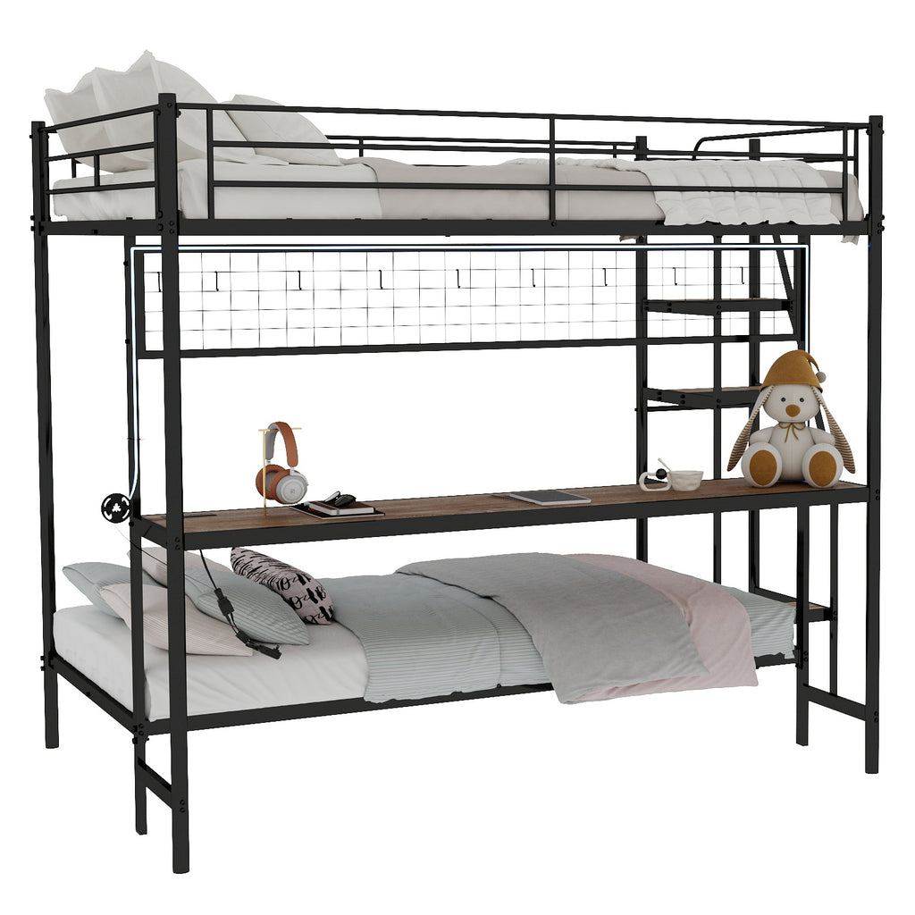 Uiowio Twin Over Full Metal Bunk Bed with Built-In Desk & LED Lighting, Space-Saving Bunk Bed Frame with Stairs & Storage, for Teens & Adults, Black