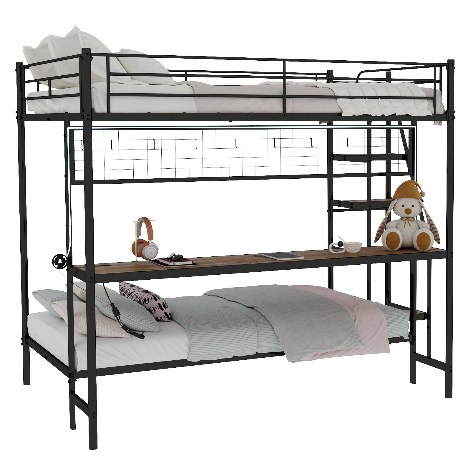 Uiowio Twin Over Full Metal Bunk Bed with Built-In Desk & LED Lighting, Space-Saving Bunk Bed Frame with Stairs & Storage, for Teens & Adults, Black