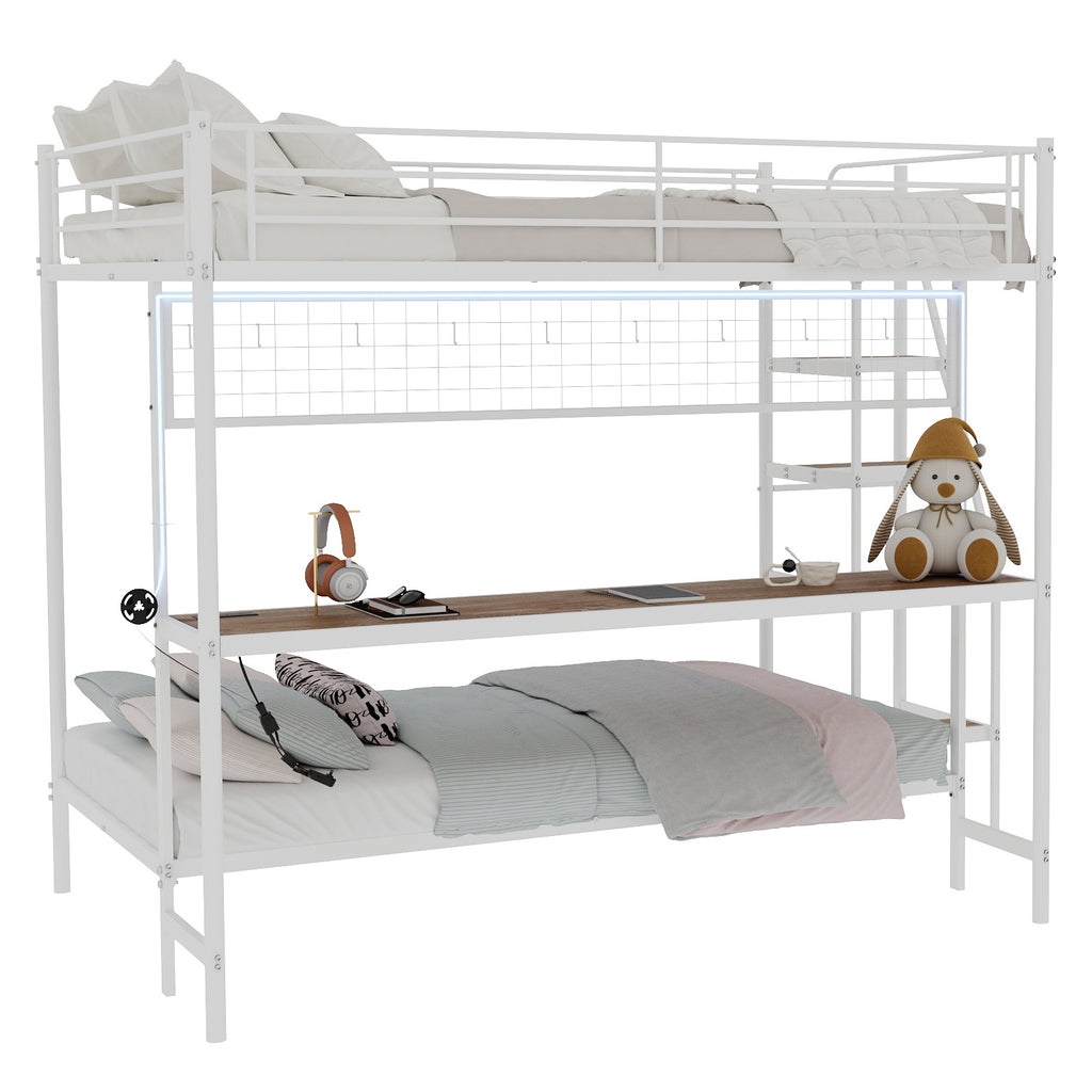 Uiowio Twin Over Full Metal Bunk Bed with Built-In Desk & LED Lighting, Space-Saving Bunk Bed Frame with Stairs & Storage, for Teens & Adults, White
