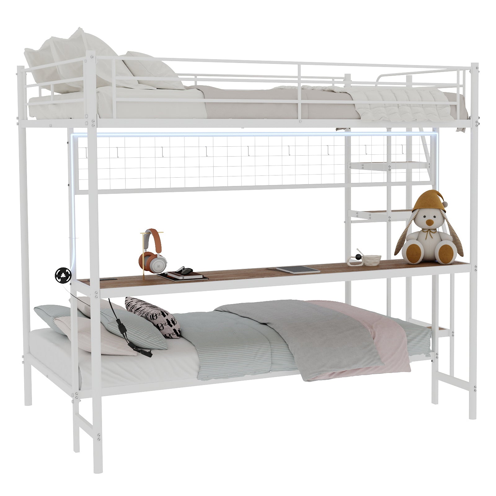 Uiowio Twin Over Full Metal Bunk Bed with Built-In Desk & LED Lighting, Space-Saving Bunk Bed Frame with Stairs & Storage, for Teens & Adults, White